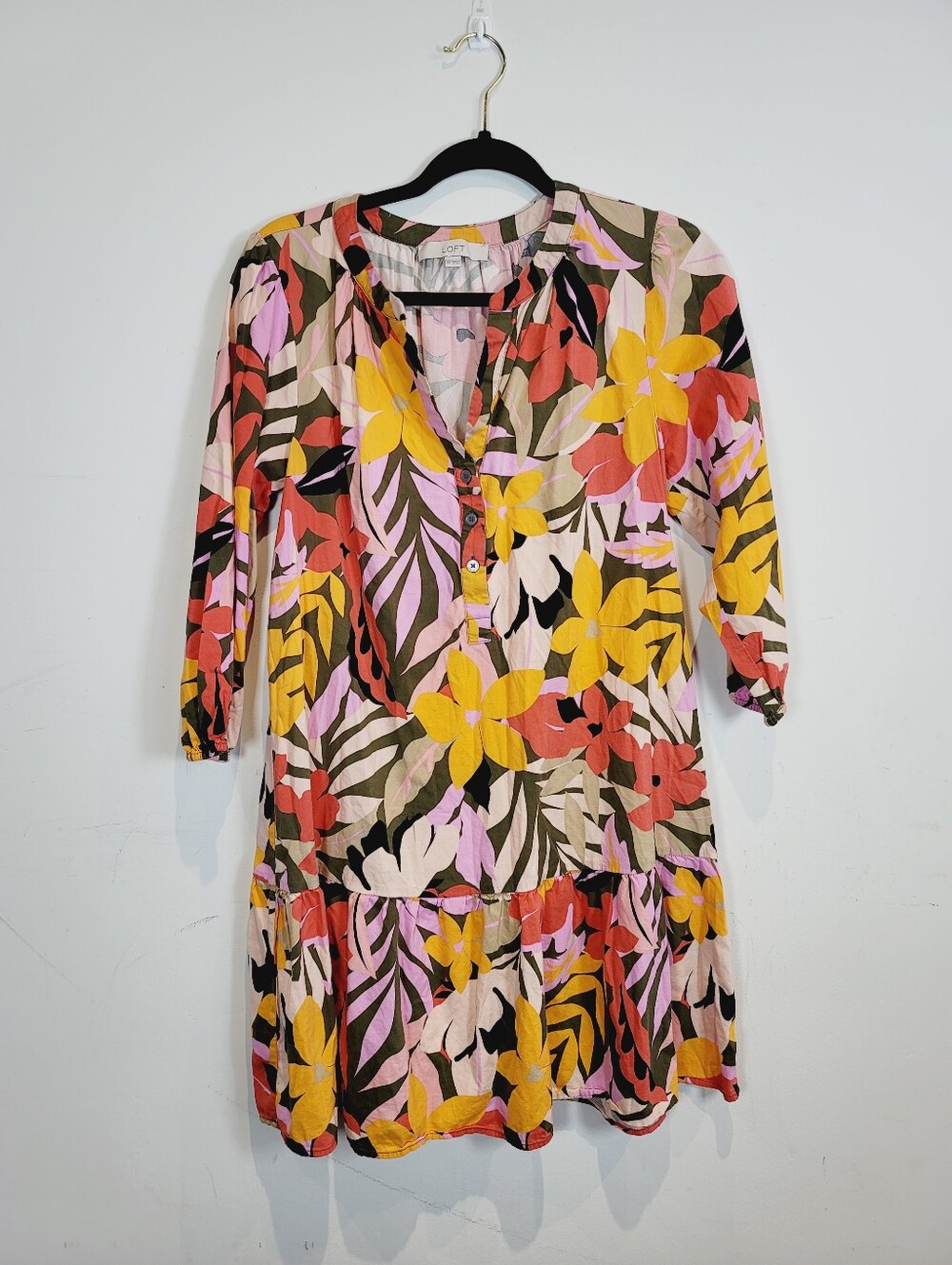 LOFT Colorful Floral Tunic Dress with Yellow & Pink Blooms, Size M